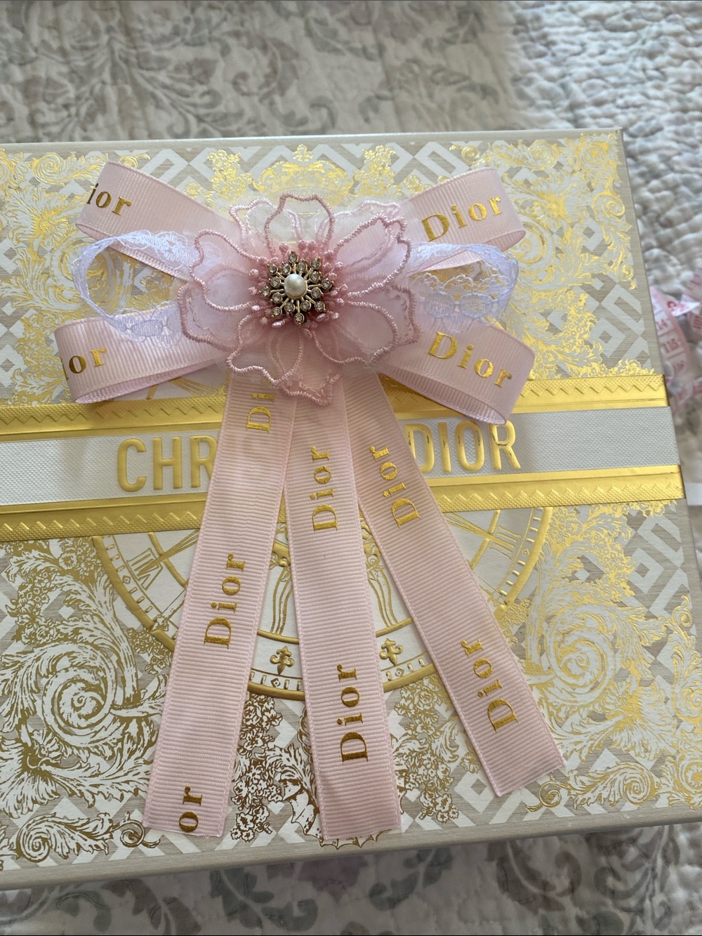 Dior Pink and Gold Ribbon Floral Wall Accent Hairclip